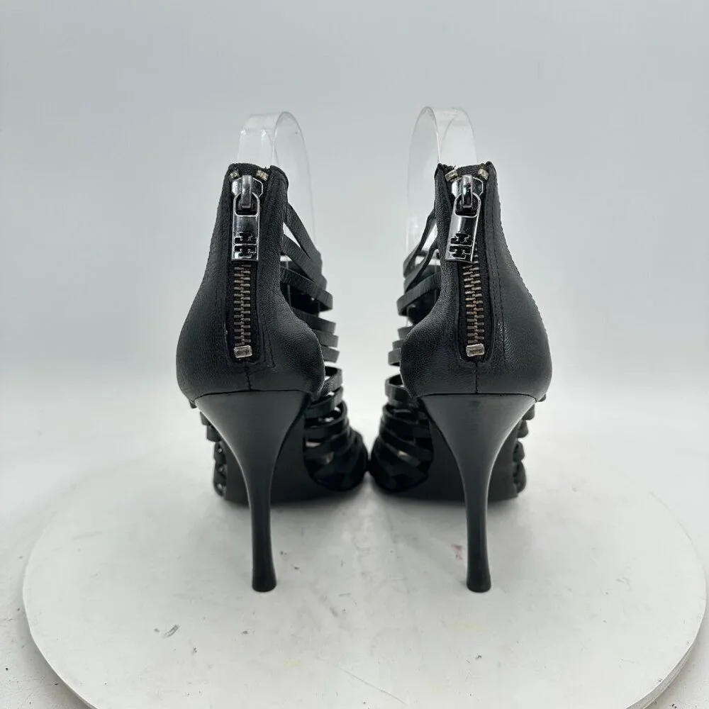 Tory Burch Women Size 7.5M Black Leather Strappy Black Heels Stiletto Shoes